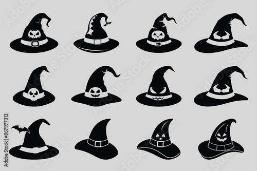 Eerie Witch Hat Silhouettes: Magic Black Horror Vector Graphics for Halloween