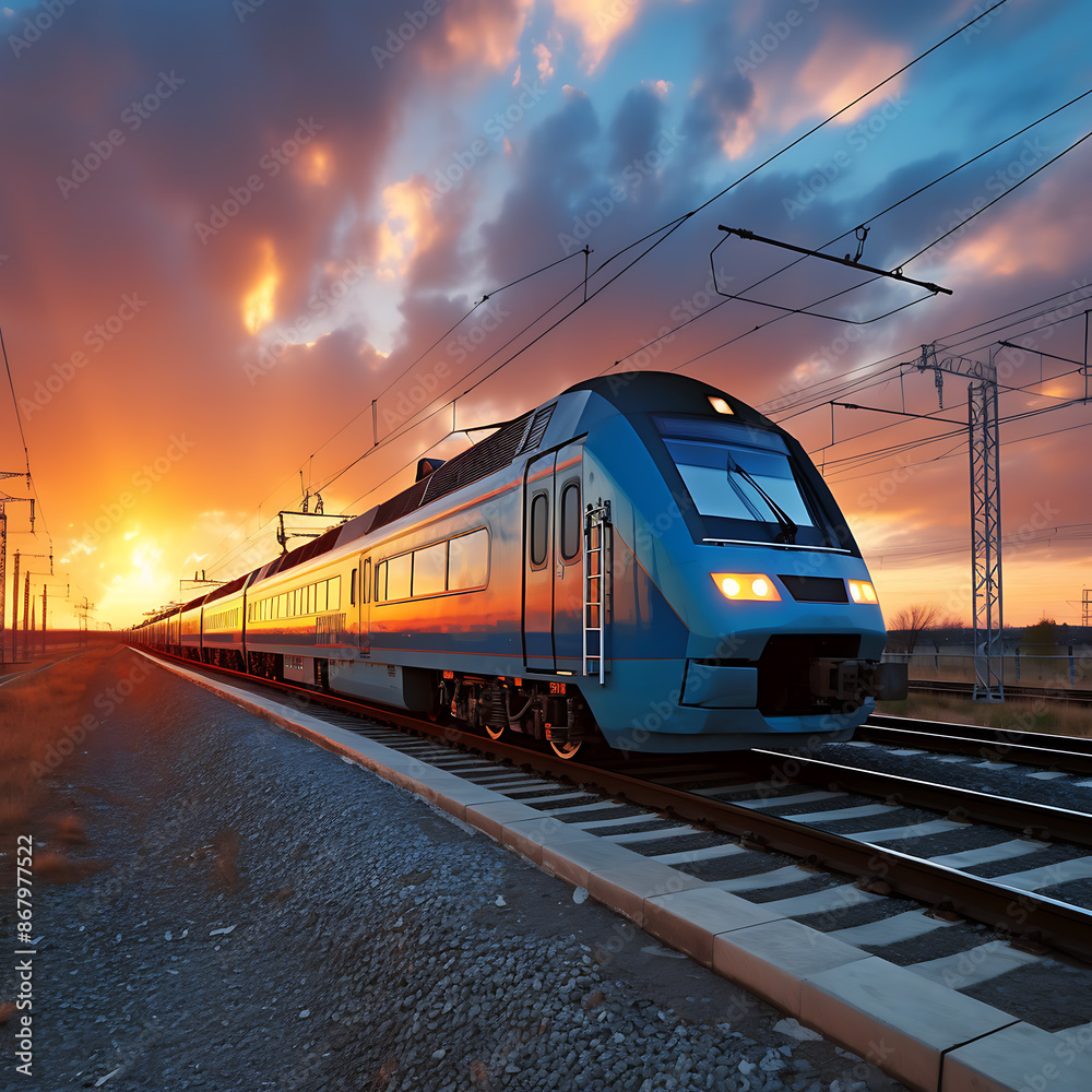 Modern high-speed train on the background of a beautiful sunset. Modern high-speed train on the background of a beautiful sunset.