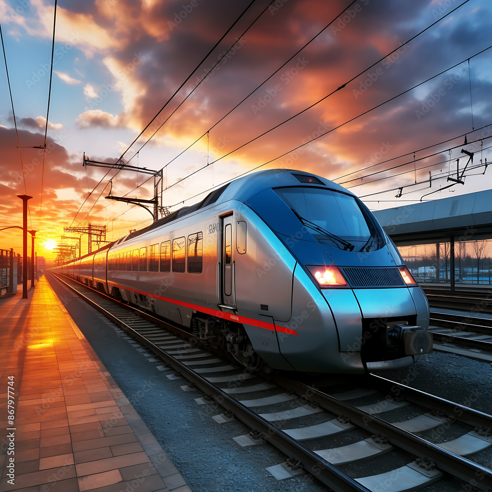 Fototapeta premium Modern high-speed train on the background of a beautiful sunset.