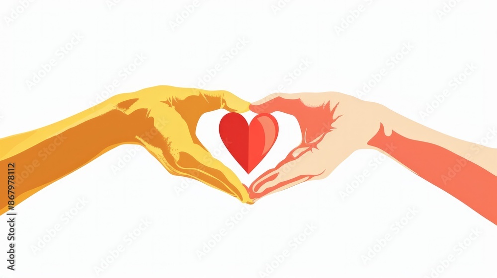 Obraz premium International Day of Charity. Two hands making a heart shape with their fingers on a white background. Digital illustration.