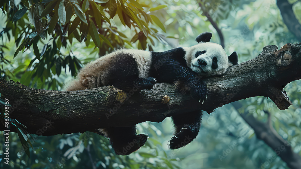 Obraz premium Amidst the lush canopy of Bifengxia Nature Reserve, a lazy panda bear peacefully slumbers on a tree branch, embodying the tranquility and charm of China's iconic wildlife.
