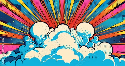 Colorful Comic Book Style Explosion With Blue And White Clouds