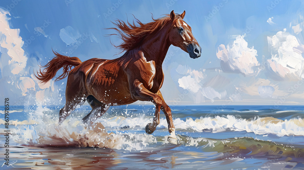 Majestic brown horse galloping on sandy beach, stunning painting Majestic brown horse galloping on sandy beach, stunning painting