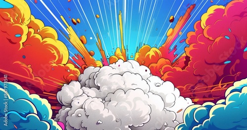 Colorful Comic Book Style Explosion With Blue And White Clouds