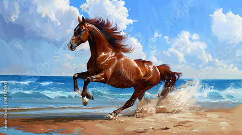 Majestic brown horse galloping across sandy beach. Stunning painting