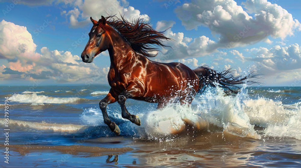 Majestic brown horse galloping on sandy beach, stunning artwork Majestic brown horse galloping on sandy beach, stunning artwork