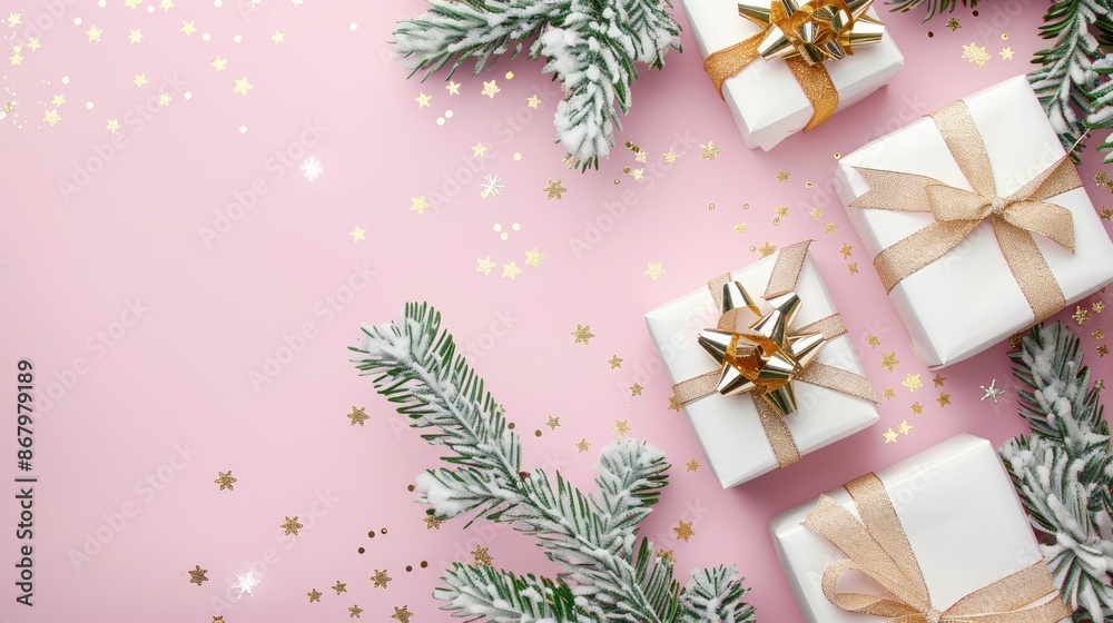 Festive Background with White Gift Boxes Golden Bow Snowy Fir Branches on Pink Background