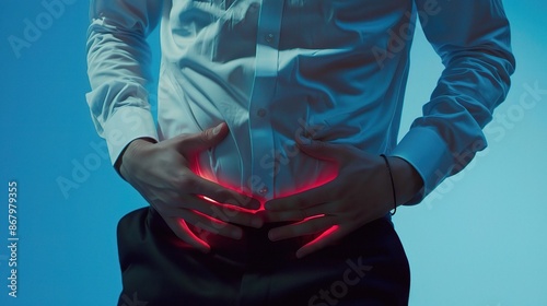 Man Experiencing Stomach Pain, Red Circular Area on Belly, White Shirt, Dark Pants, Blue Background, Close-Up of Hands on Abdomen, High Resolution