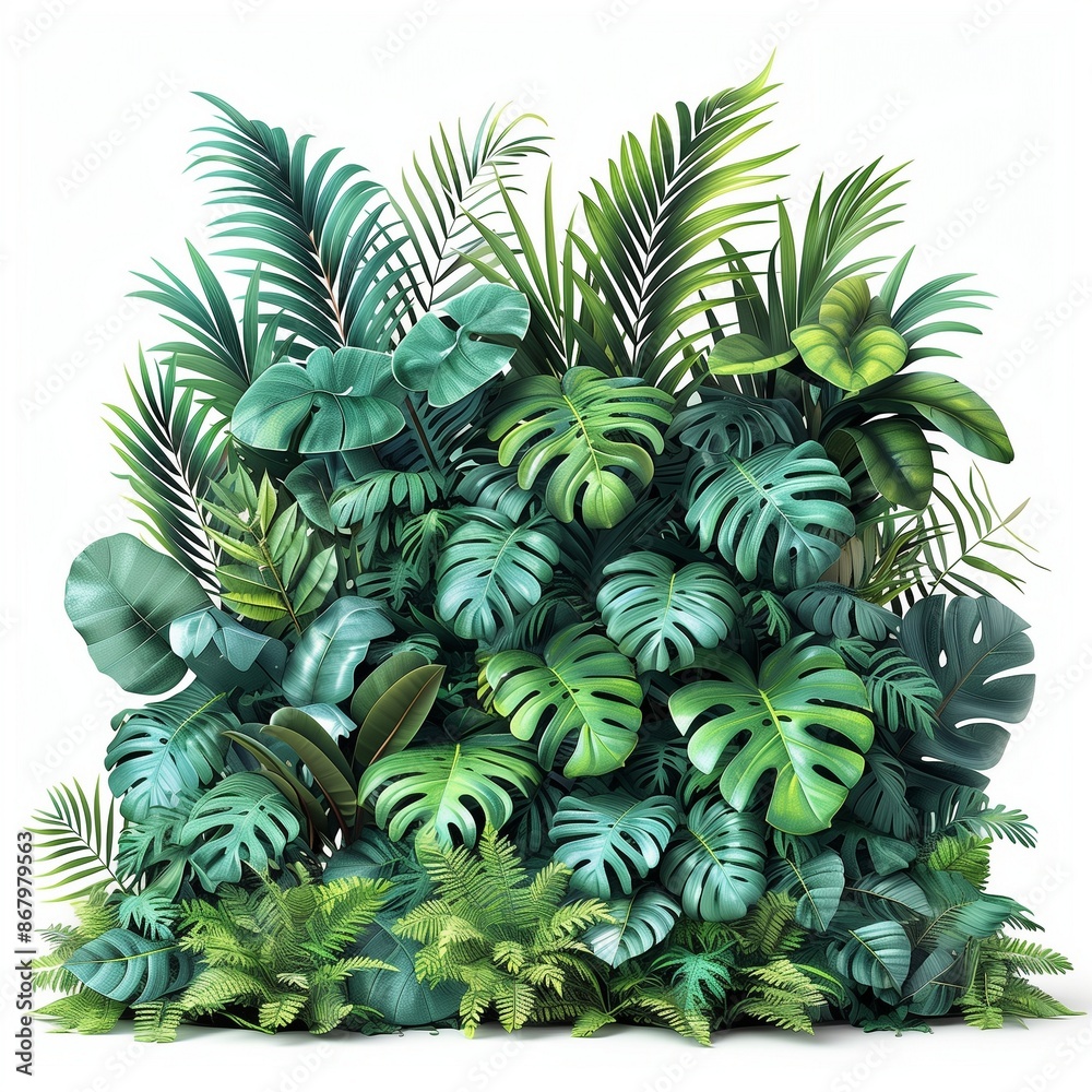 A large bush of tropical plants with leaves in the shapes of monstera, palm, rubber plant, pine and fern on a white background A large bush of tropical plants with leaves in the shapes of monstera, palm, rubber plant, pine and fern on a white background