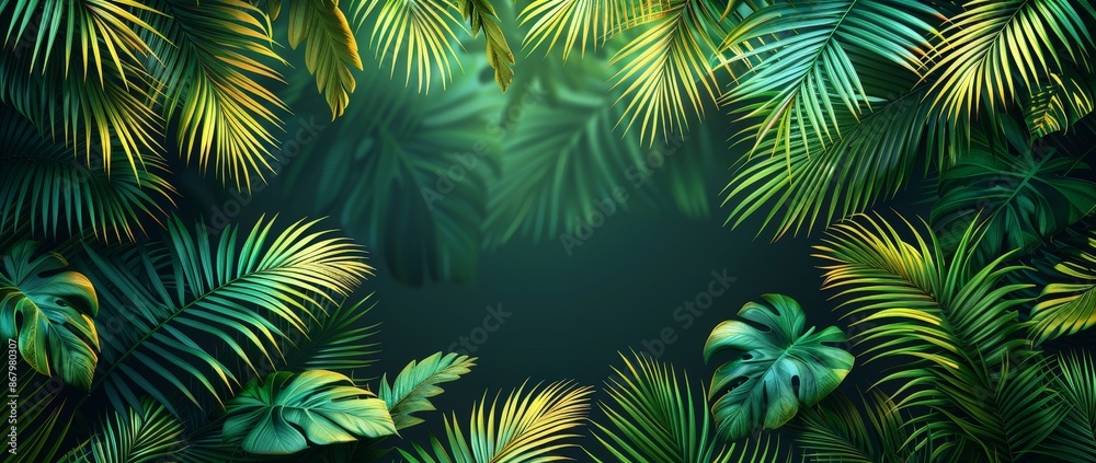 Fresh exotic jungle background with palm fronds and monstera Fresh exotic jungle background with palm fronds and monstera