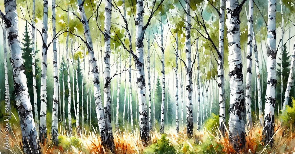 Obraz premium Beautiful watercolor painting of a birch tree forest with vibrant colors, showcasing nature's serenity and tranquility during autumn.