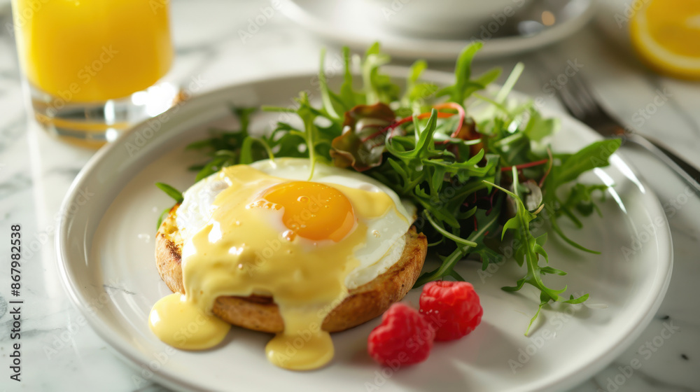 a breakfast scene with eggs benedict on a toasted English muffin, topped with hollandaise sauce and a side of arugula salad a breakfast scene with eggs benedict on a toasted English muffin, topped with hollandaise sauce and a side of arugula salad