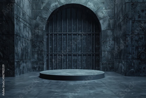 Dark and eerie medieval dungeon with a round platform, 3D illustration