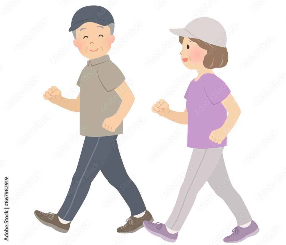 ウォーキング、運動するシニア夫婦のベクターイラスト