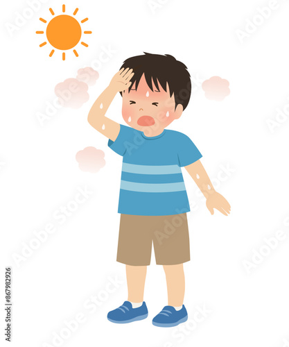 熱中症　暑そうな男の子のベクターイラスト