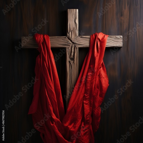 Holy cross wrapped with red shawl. Christianity concept