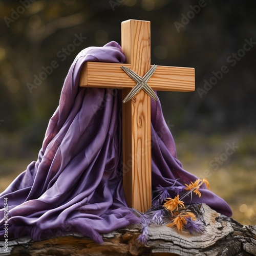 Holy cross wrapped with purple shawl. Christianity concept