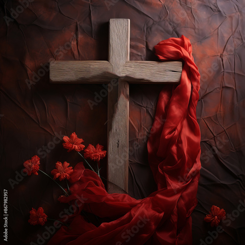 Holy cross wrapped with red shawl. Christianity concept