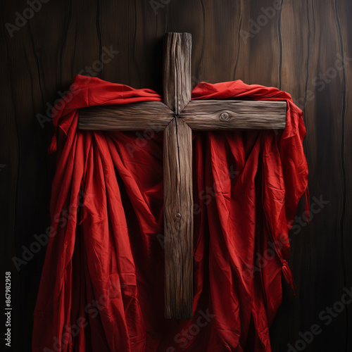Holy cross wrapped with red shawl. Christianity concept