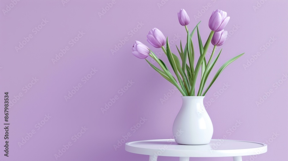 Purple Tulips in a White Vase on a Table Purple Tulips in a White Vase on a Table