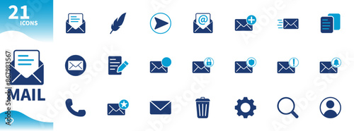 Mail icon set. Set of icons for mailing, contact, write, copy, envelope. Solid vector icons
