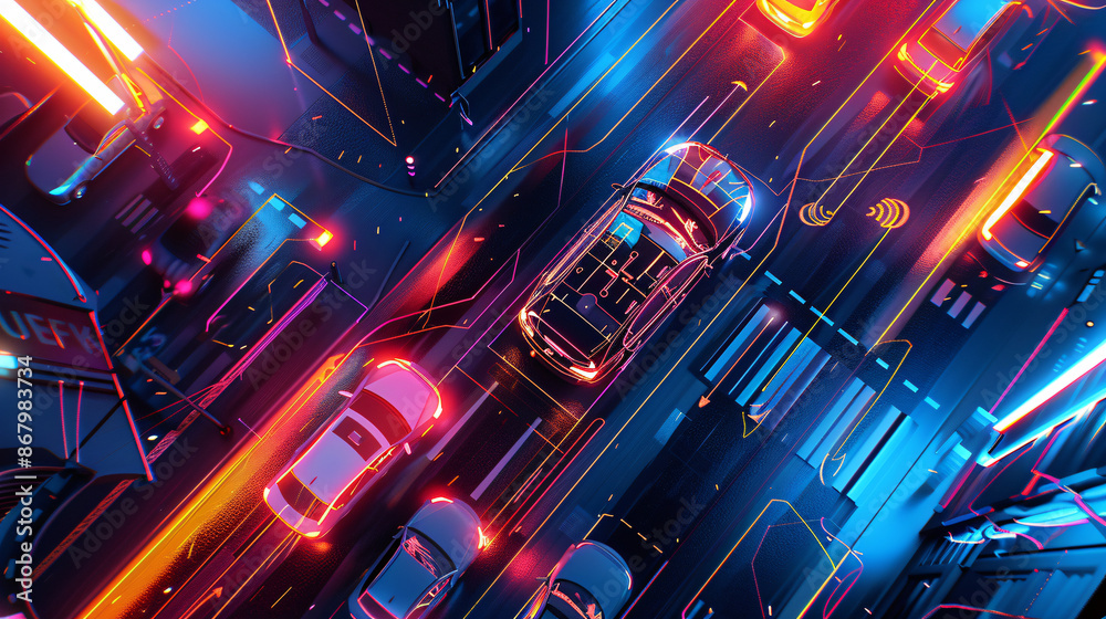 Fototapeta premium Futuristic self driving car in vibrant cityscape with digital elements