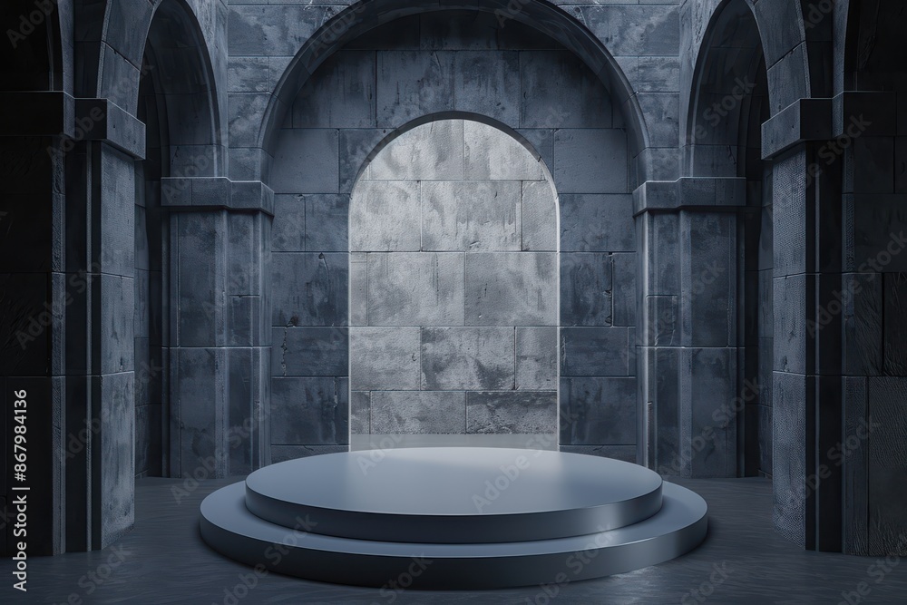 Empty round platform in ancient castle or dungeon interior. Stone podium with moonlight or stage light, arches and columns. Concept of history, fantasy, architecture, showcase or presentation. Empty round platform in ancient castle or dungeon interior. Stone podium with moonlight or stage light, arches and columns. Concept of history, fantasy, architecture, showcase or presentation.