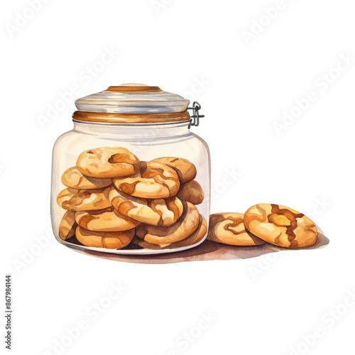 A jar of cookies on a counter, kitchen accessory, watercolor art, sweet, isolated on white background