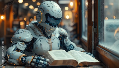 Robot Reading a Book by a Window photo