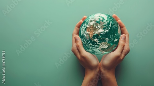 Hand holding globe with customizable space for text. Copy space and earth concept