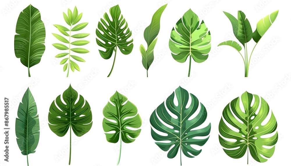 Fototapeta premium Set of tropical leaves. Different green leaf collection