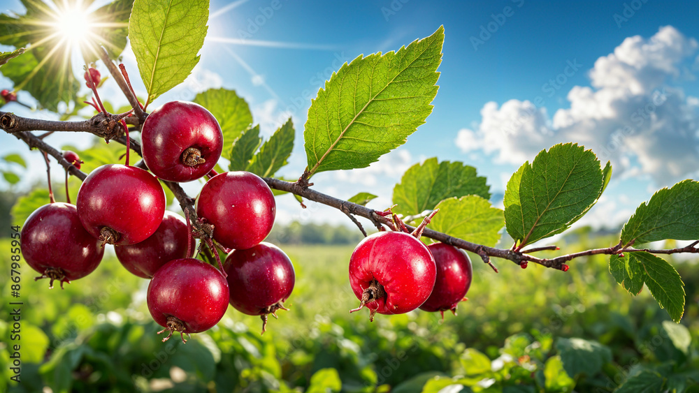 Obraz premium Close-up view of fresh cranberries on the tree branch - Generative AI