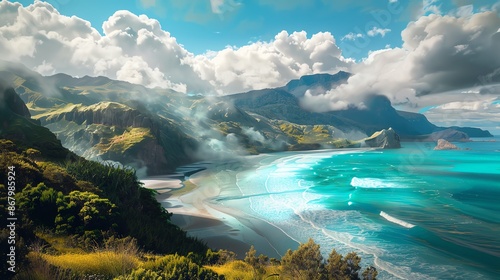 Wallpaper Mural Scenic Landscape of New Zealand with Snow-Capped Mountains and Clear Blue Lake Torontodigital.ca