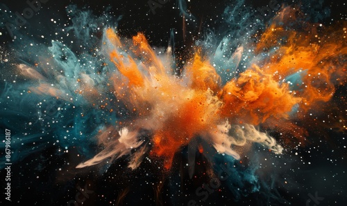 Abstract Orange And Blue Color Explosion With Black Background