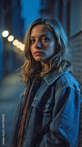 Sad Depressed Young Homeless Woman In City at Night
