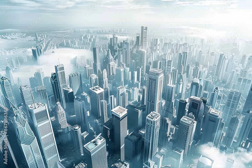 Obraz premium An aerial view of a dense, modern city with numerous skyscrapers and a layer of fog obscuring some buildings. Generative AI
