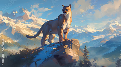 Wildlife Landscape. Majestic mountain lion standing on a rocky ledge with a panoramic view of mountains and a dramatic sunset. Discover the elusive beauty of mountain lions. photo