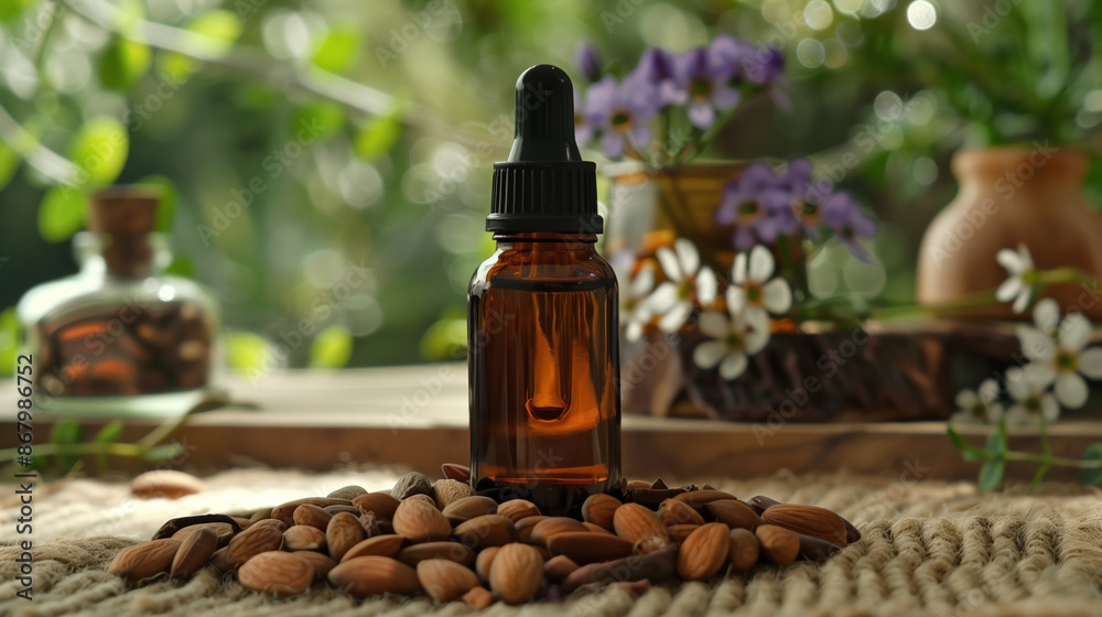 Jojoba Oil Balancing Acne-Prone Skin with Botanical Background, Natural Skincare Concept Jojoba Oil Balancing Acne-Prone Skin with Botanical Background, Natural Skincare Concept