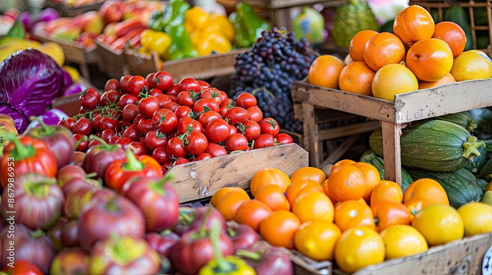 A variety of fresh fruits and vegetables are displayed in wooden crates at a bustling market. Generative AI