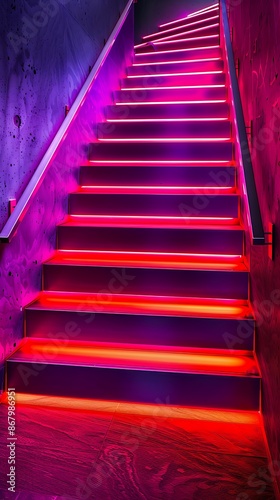 Neon red lighting highlighting fuchsia Scandinavian stairs in a modern, minimalist design
