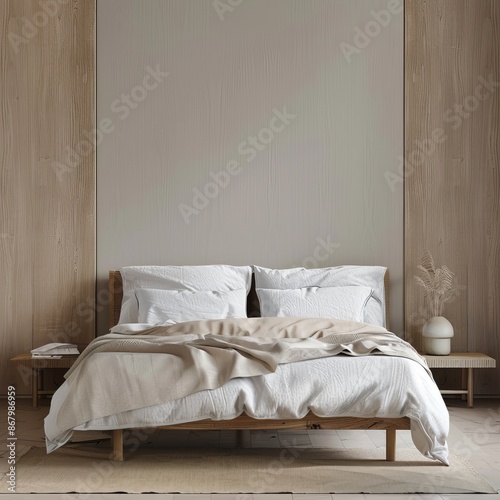bed with pillows in front of the empty wall