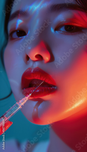 South Korean Woman's Face Undergoing Lip Injection with Syringe - Cosmetic Enhancement Photography photo