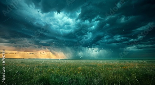 Dark Storm Clouds Over A Green Field During Rain