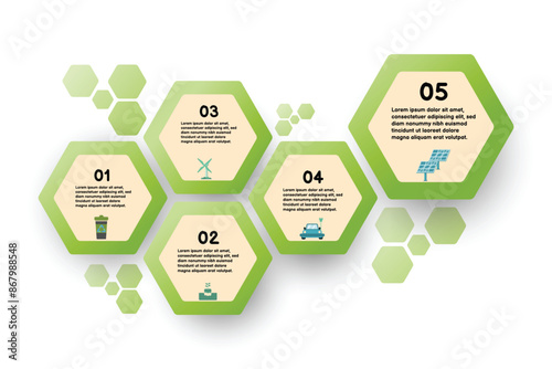 Infographic renewable energy template for energy consumption sustainable information presentation. Vector hexagon and geometric elements. green modern workflow diagrams. Report plan 5 topics
