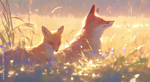 Wildlife Background. Red foxes hunting in a meadow at dawn with dew-covered grass and soft light of the rising sun. Witness the cunning nature of red foxes. photo