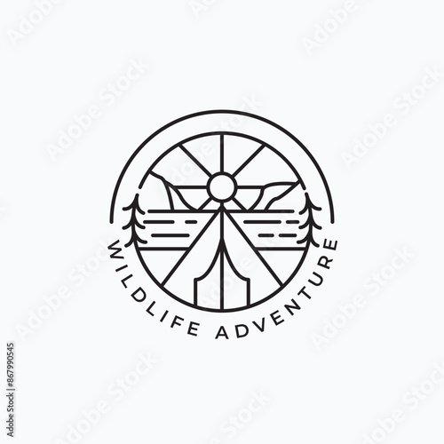 Minimalist line art outdoor camping logo vector illustration design. Simple adventure logo badge concept.