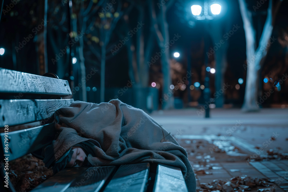 Homeless Person Sleeping on Park Bench at Night Stock Photo | Adobe Stock
