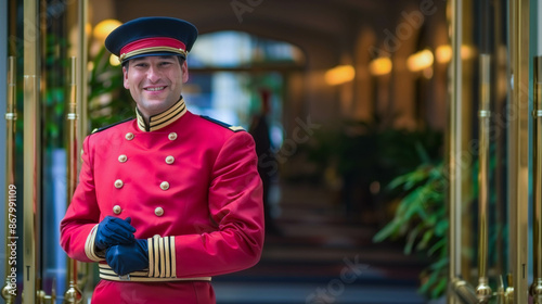 Cheerful doorman in red uniform at hotel entrance