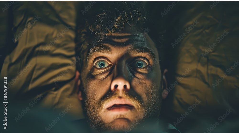 A man with a beard and messy hair is lying on a bed with his eyes wide open