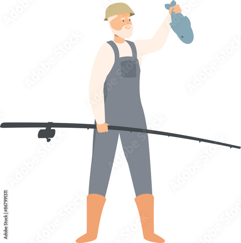 Fisherman is holding a fishing rod and showing a fish he has just caught